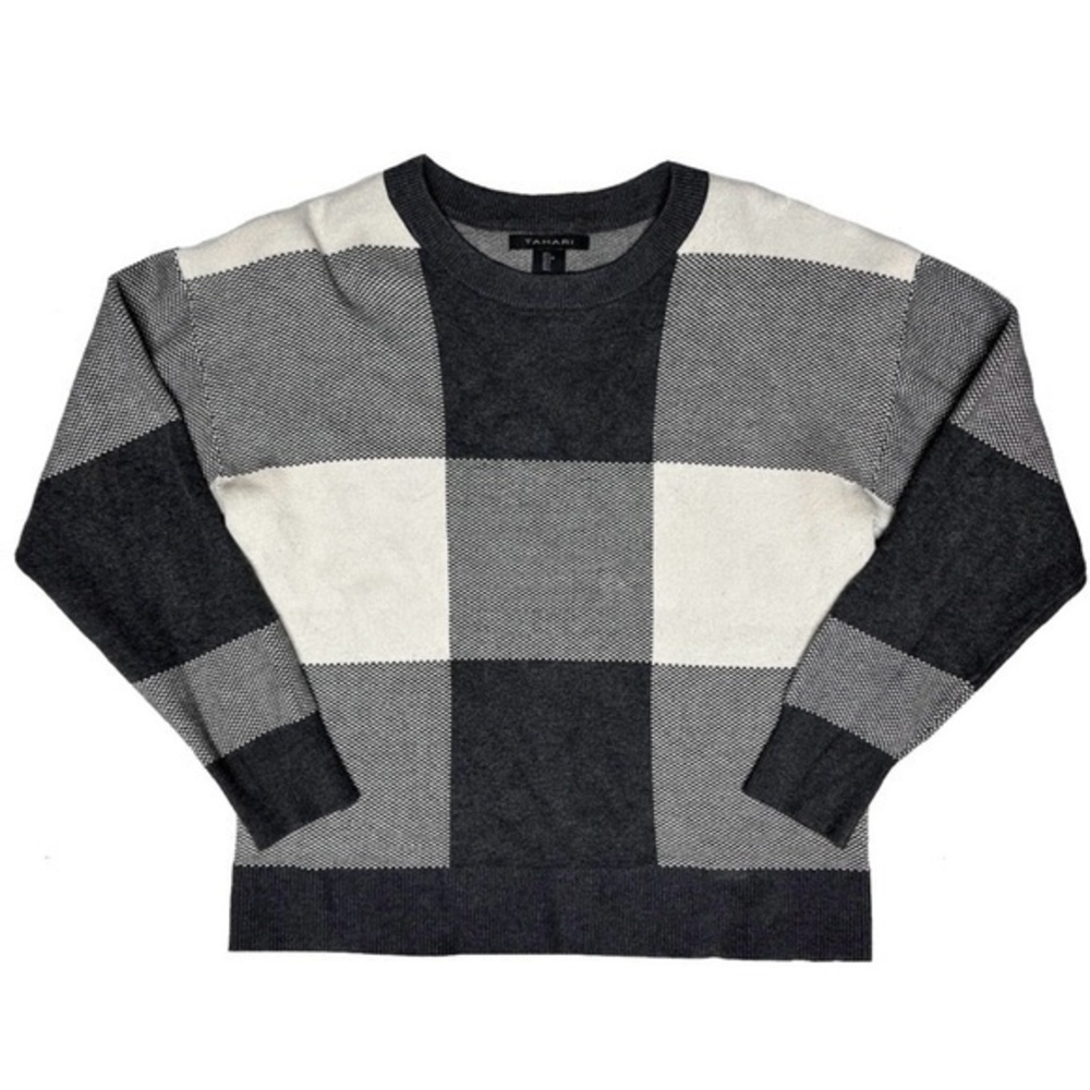 Tahari Soft Wide Check Plaid Knit Sweater Gray White Cottage Ranch Holiday Sz L - Picture 1 of 9